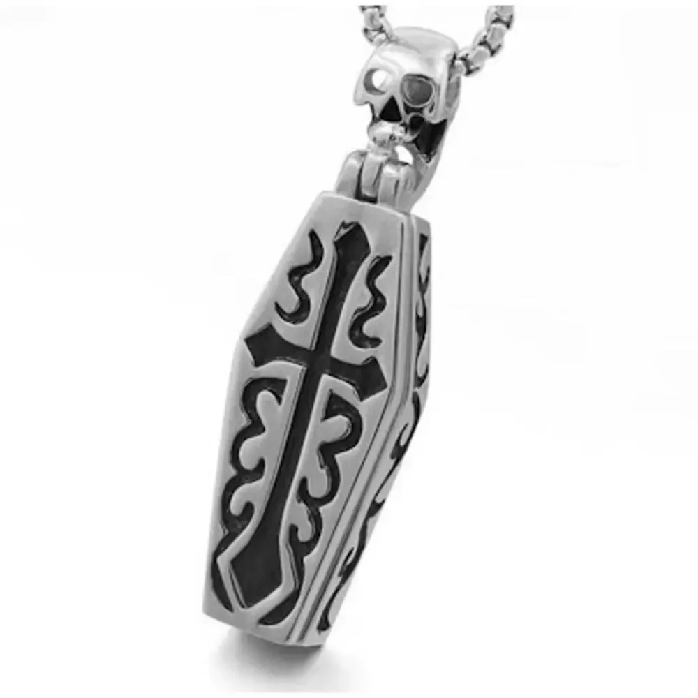 Gothic Cross Necklace with Skeleton Inside Titanium Steel Coffin Pendant Skull